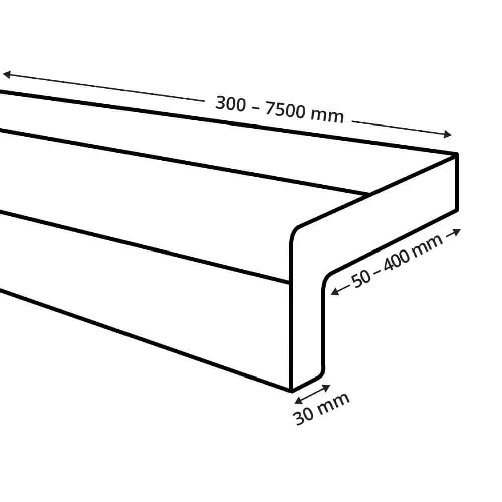 Dimensions appui de fenêtre alu blanc avec rebord latéral finition brique