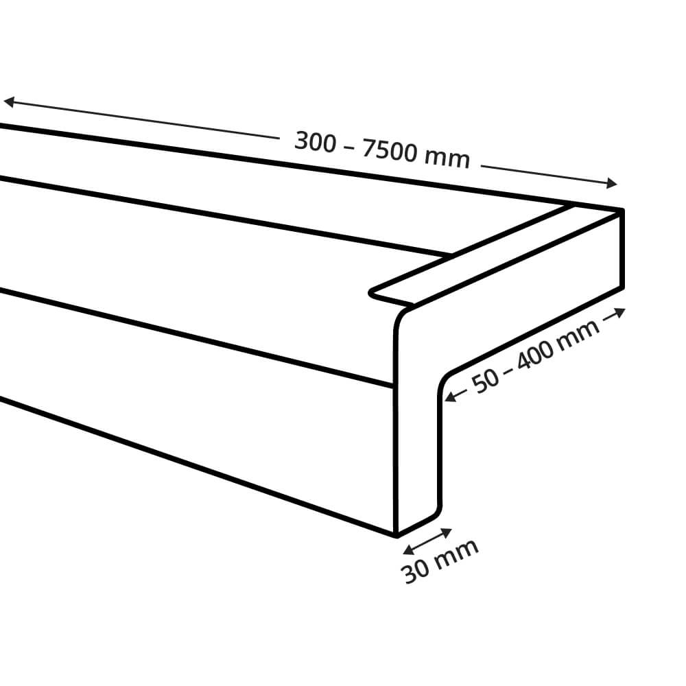 Dessin technique appui de fenêtre extérieur aluminium avec rebords latéraux pour finition crépi