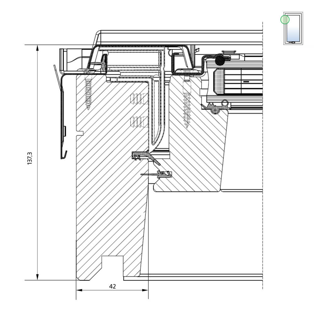 Vue du côté gauche : fenêtre de toit en bois Comfort, ouverture par rotation et double vitrage