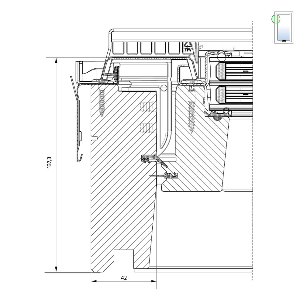 Vue du côté gauche : fenêtre de toit en bois Comfort, ouverture par rotation et triple vitrage